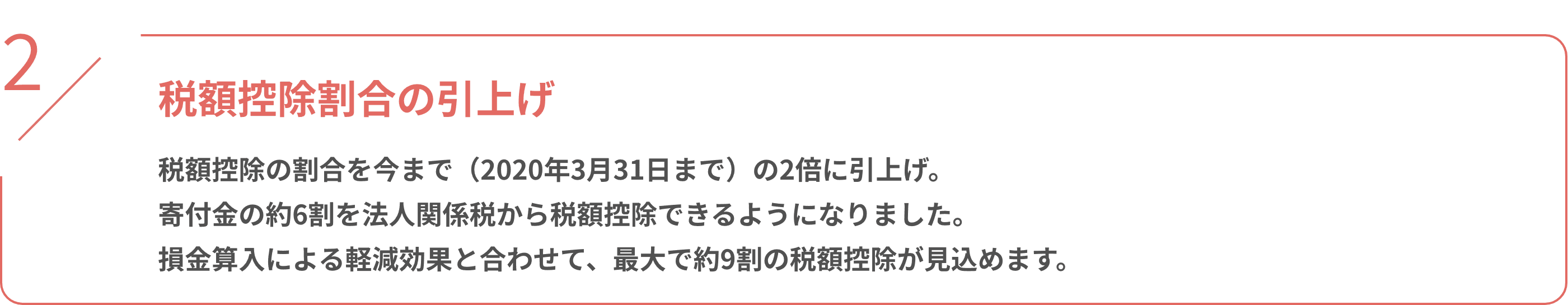 税額控除割合の引上げ 税額控除の割合を今まで（2020年3月31日まで）の2倍に引上げ。 寄付金の約6割を法人関係税から税額控除できるようになりました。 損金算入による軽減効果と合わせて、最大で約9割の税額控除が見込めます。